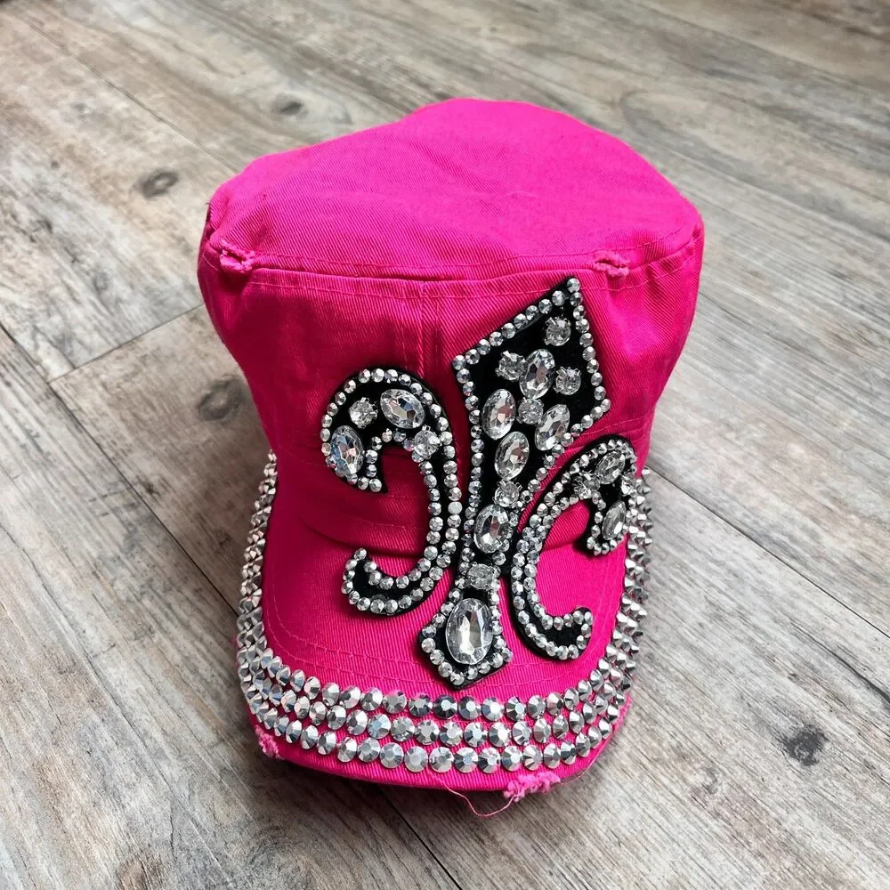 Y2K Hot Pink Rhinestone Fleur De Lis Cap Bling Studded Hat Adjustable Vintage